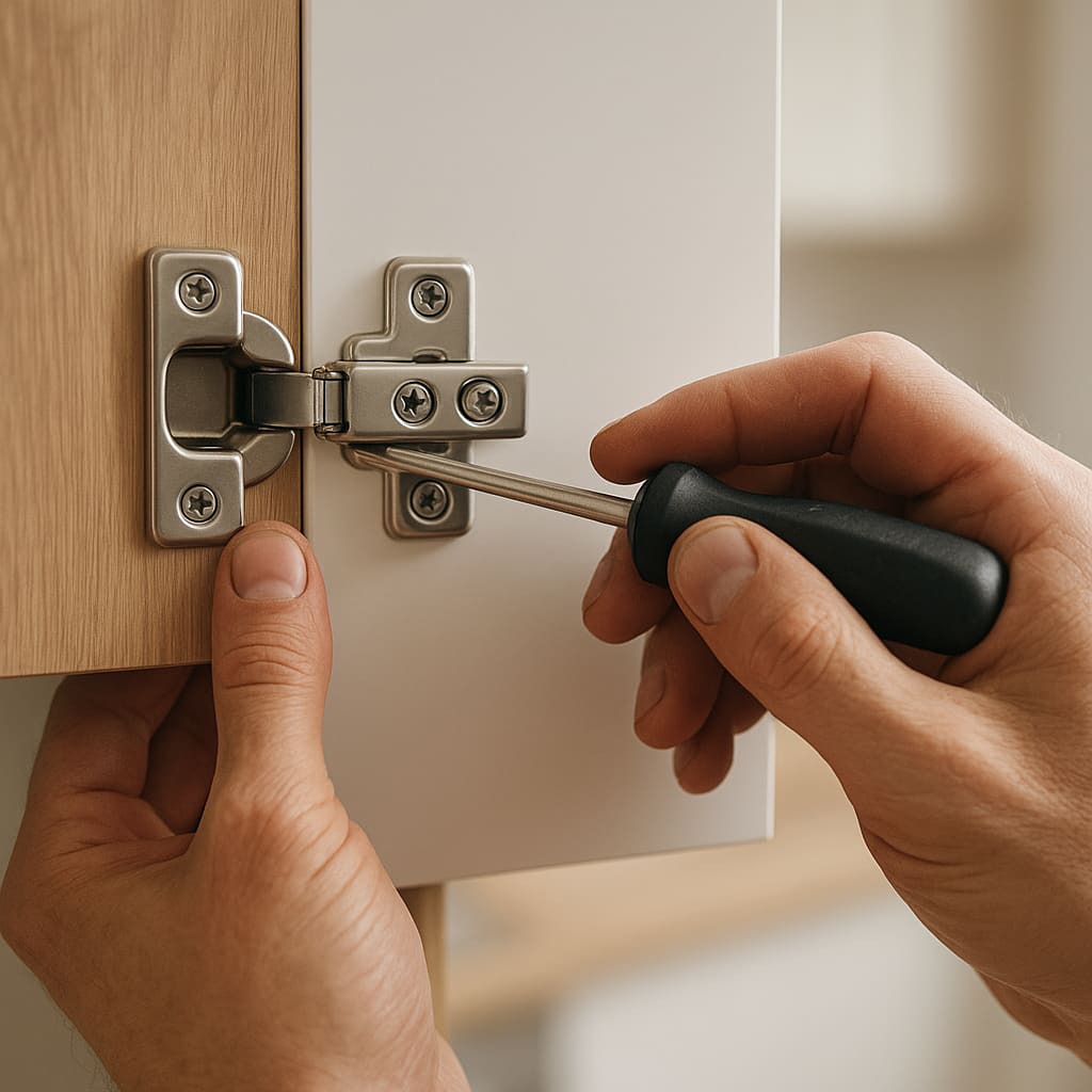 Detailaufnahme einer Anpassung an einem Scharnier oder Beschlag im Haushalt