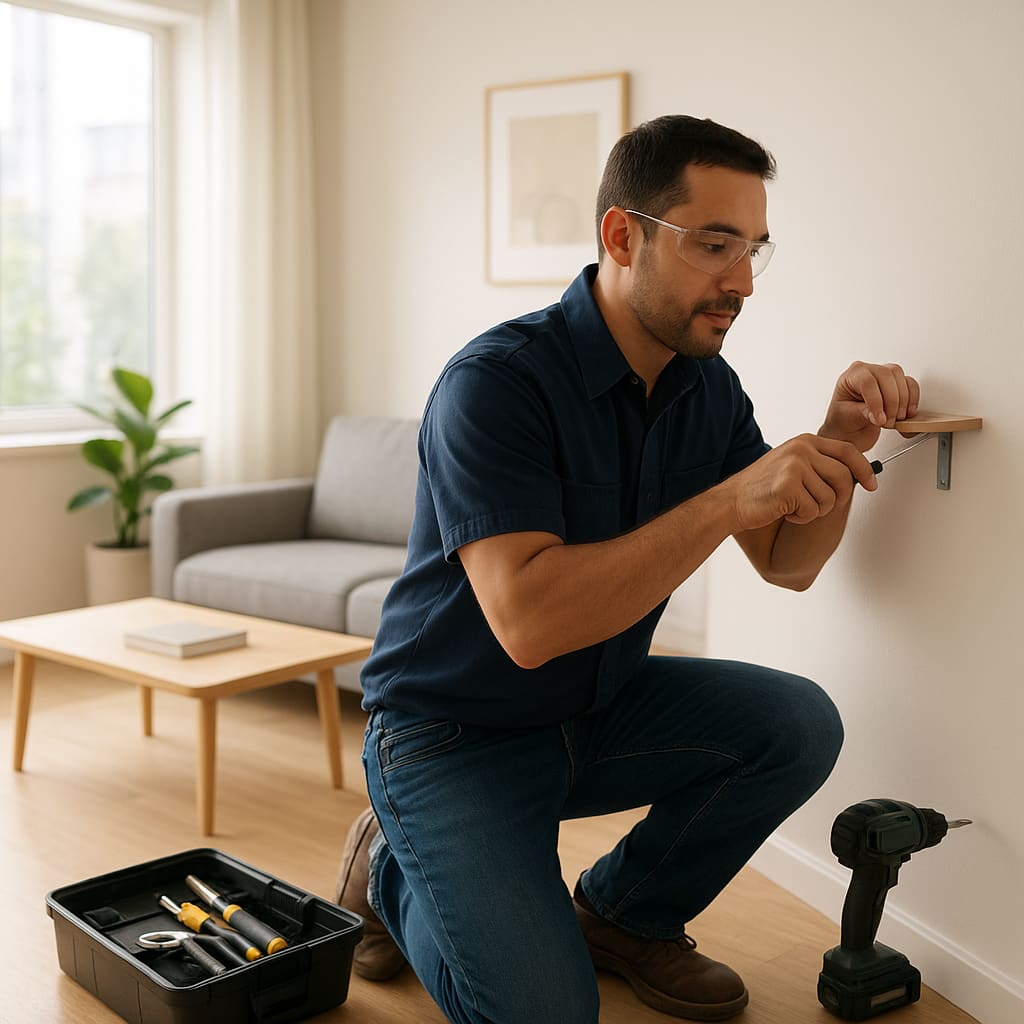 Handwerker bei einer kleinen Reparatur in einer hellen Wiener Wohnung